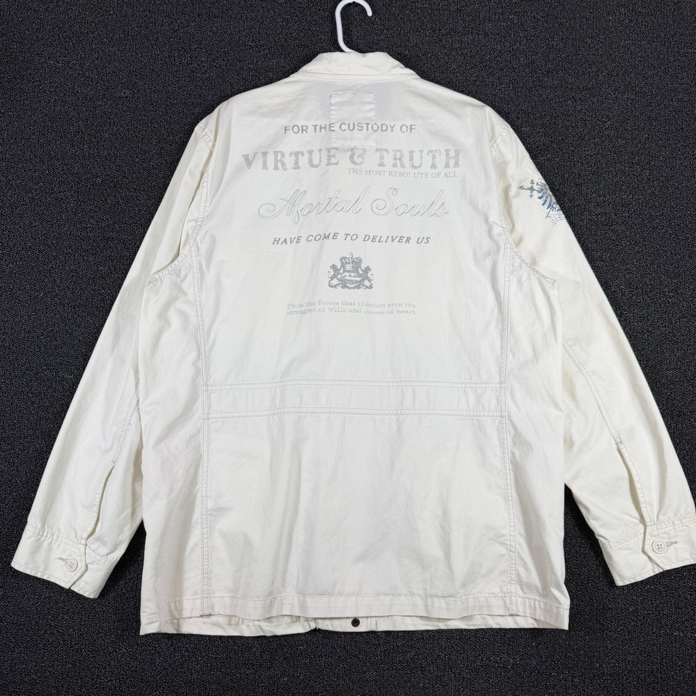Y2K Express Men's XL White Cotton Military Field Jacket Utility Coat Zip Graphic